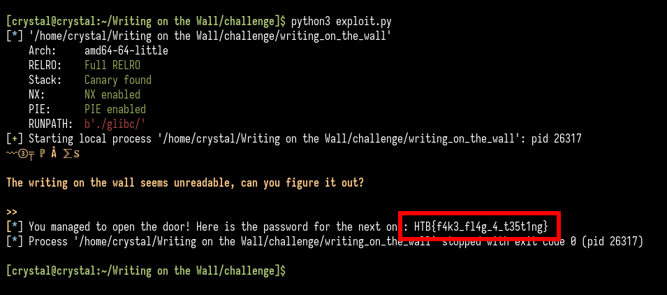 Successfully running the exploit against the local executable and retrieving the test flag.