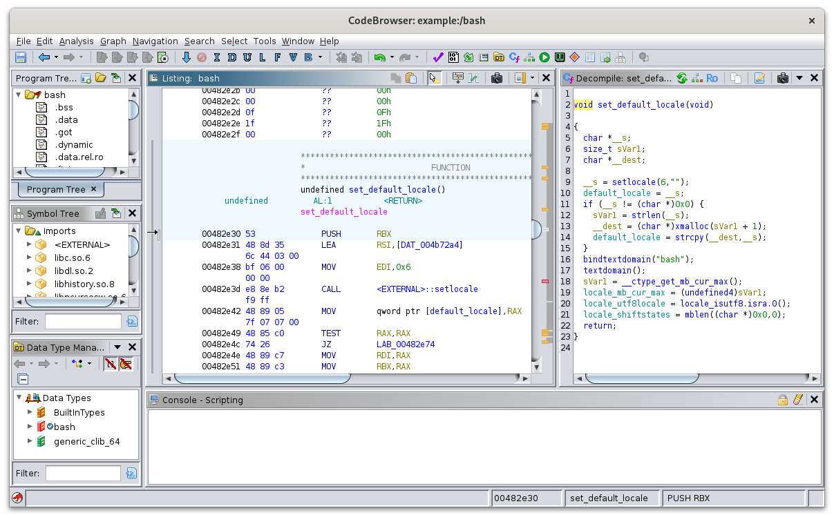 Ghidra with the Linux binary bash loaded.